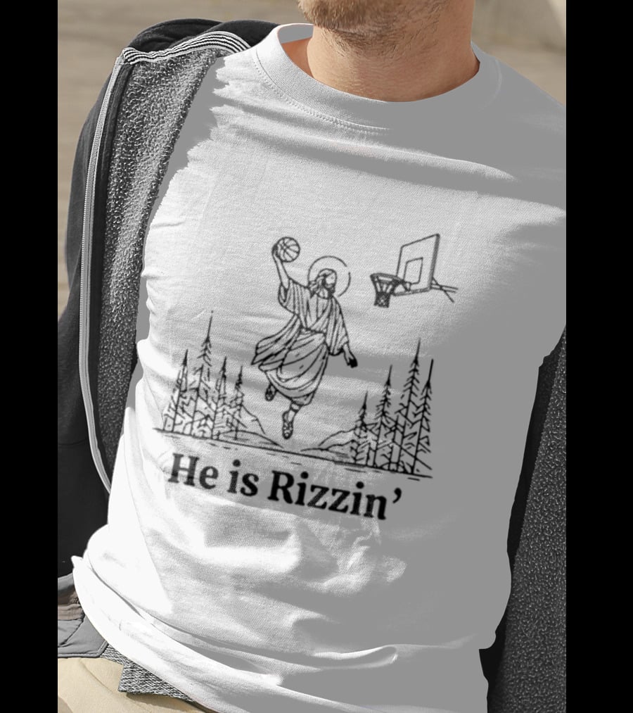 He Is Rizzin Basketball Angel Easter Forest Scene T-Shirt