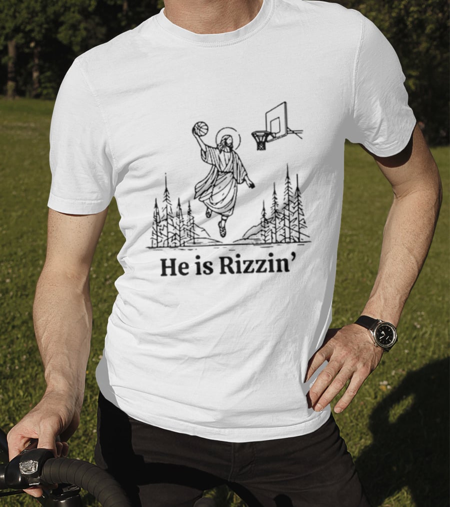 He Is Rizzin Basketball Angel Easter Forest Scene T-Shirt