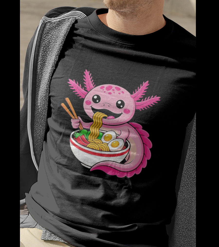 Axolotl Eating Ramen Kawaii Style With Chopsticks And Eggs T-Shirt