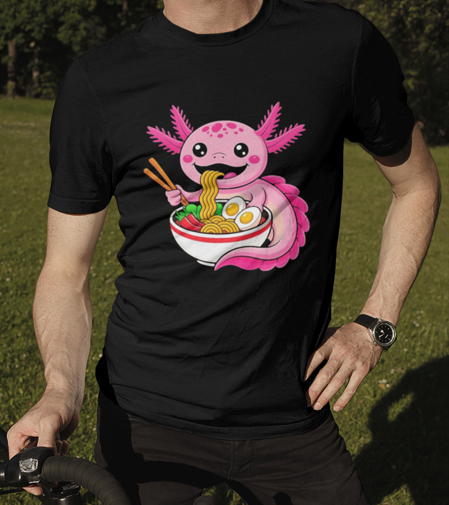 Axolotl Eating Ramen Kawaii Style With Chopsticks And Eggs T-Shirt