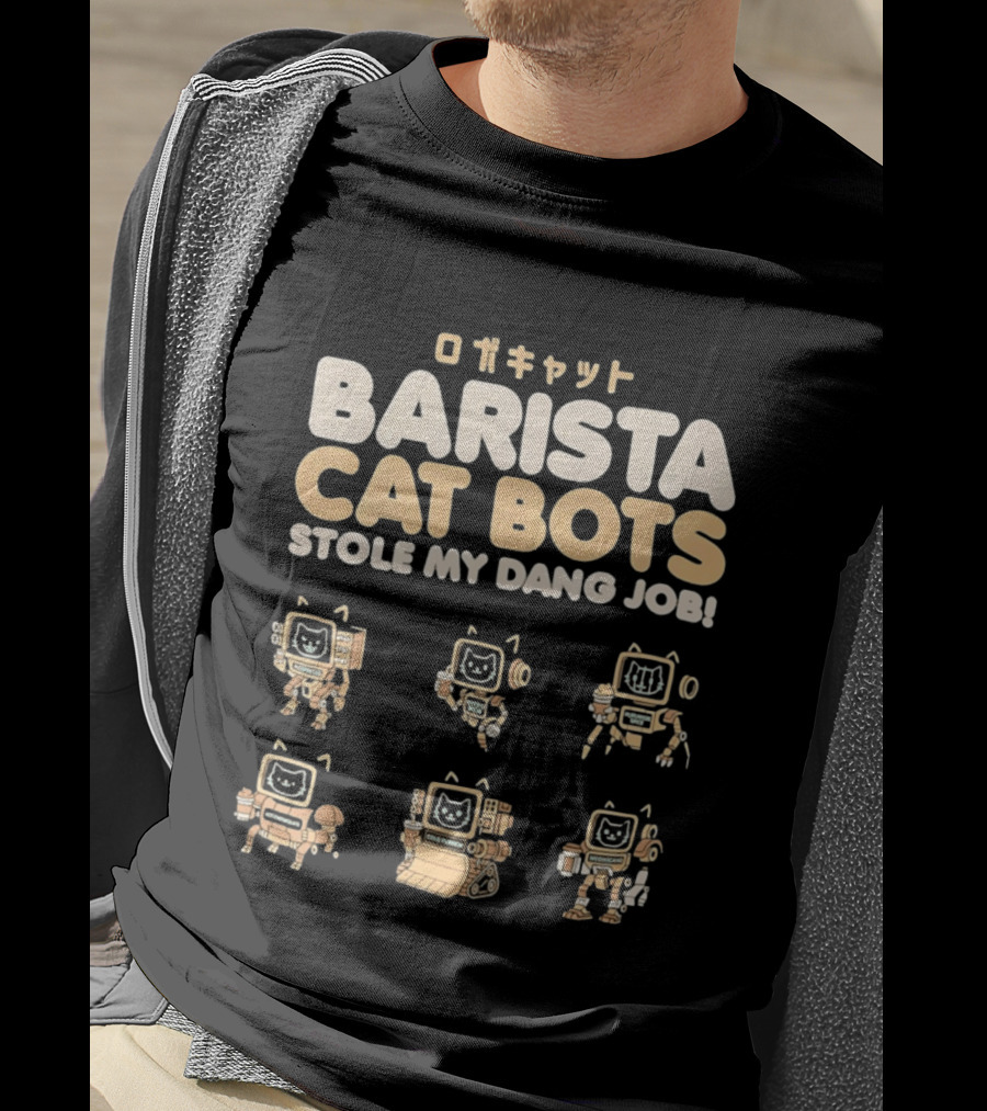 Barista Cat Bots Stole My Dang Job Retro Robot Cats Japanese T-Shirt
