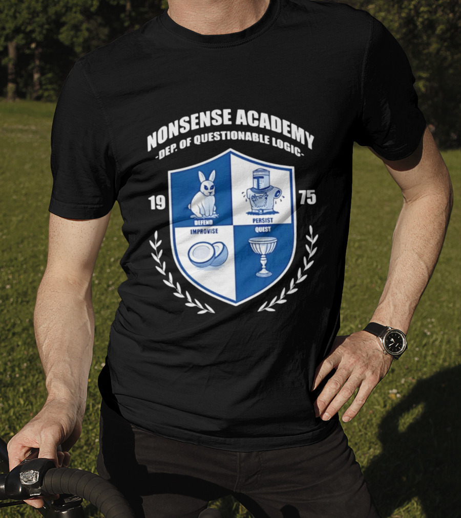 Nonsense Academy 1975 Crest Dept Of Questionable Logic Defend Improvise Persist Quest T-Shirt