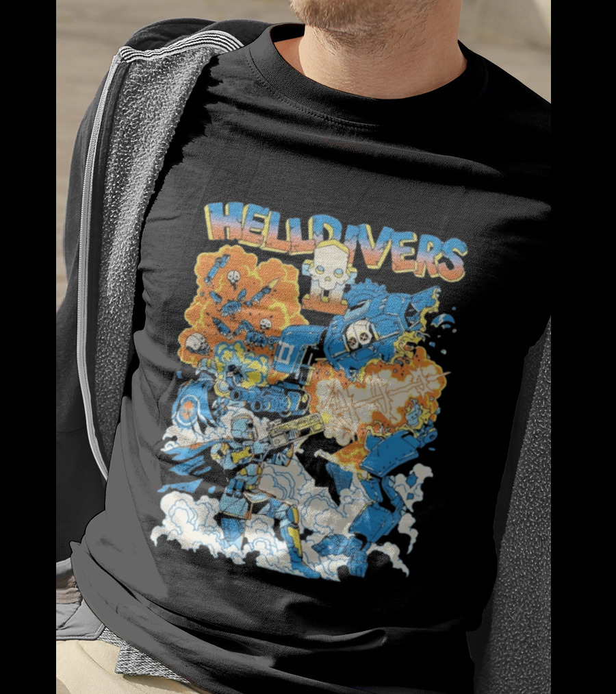 Helldivers Comic Style Explosive Battle Scene Skulls Robots Flames T-Shirt