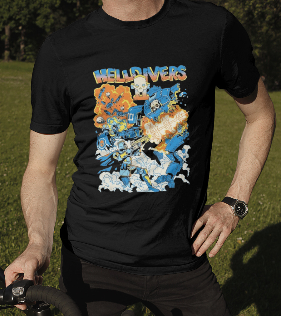 Helldivers Comic Style Explosive Battle Scene Skulls Robots Flames T-Shirt