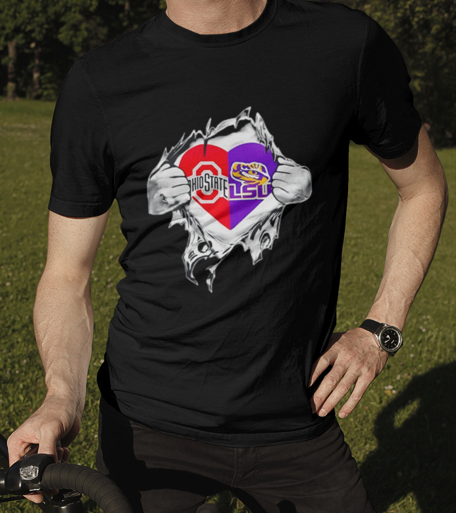 Ohio State LSU Heart Ripped Open Fan T-Shirt