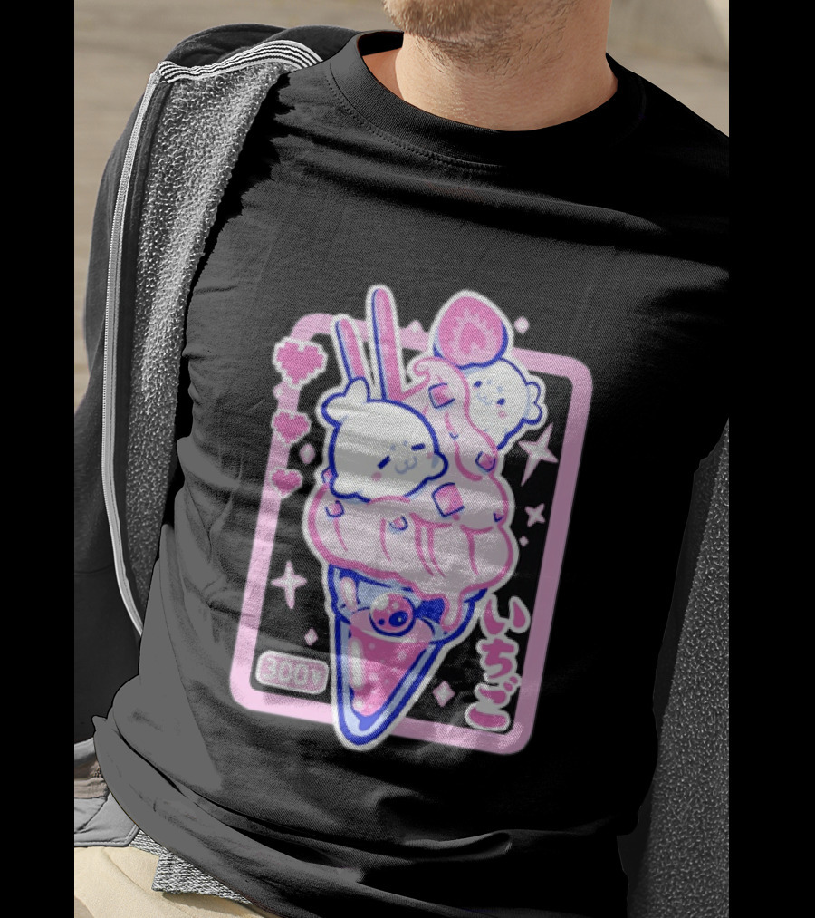 Kawaii Strawberry Ice Cream With Seals And 300 Yen Cute Hearts T-Shirt