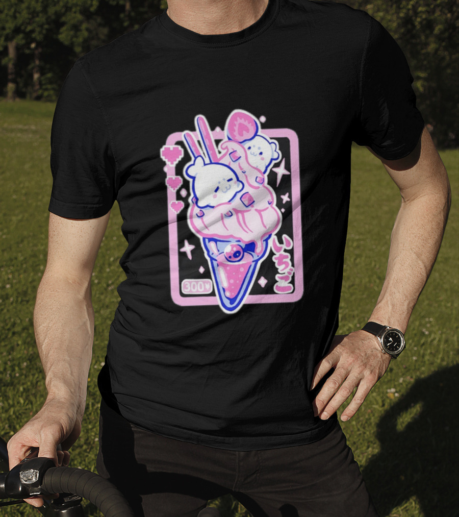 Kawaii Strawberry Ice Cream With Seals And 300 Yen Cute Hearts T-Shirt