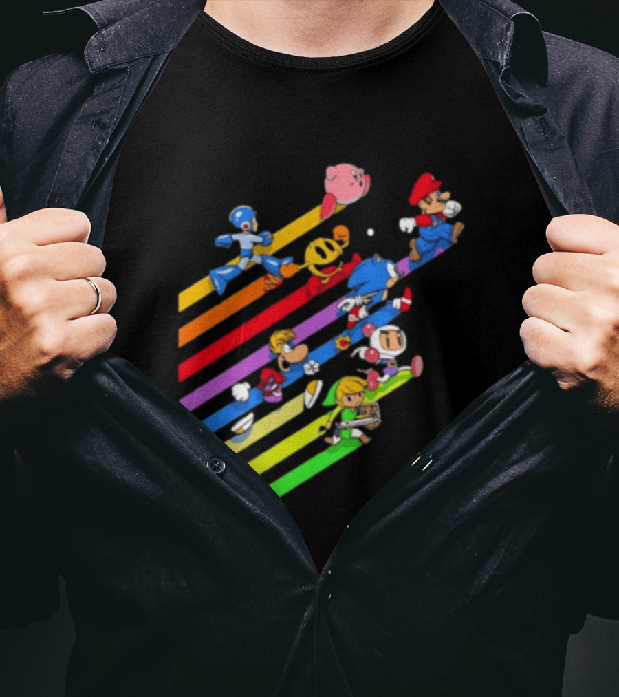 Legends Gaming Mario Pac Man Mega Man Sonic Link Kirby Bomberman Rayman Characters T-Shirt