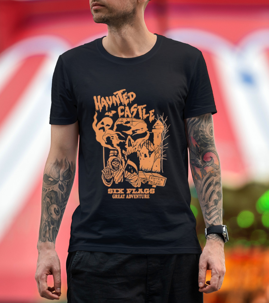 Six Flags Great Adventure Haunted Castle Enter If You Dare Spooky Skeleton And Ghosts T-Shirt