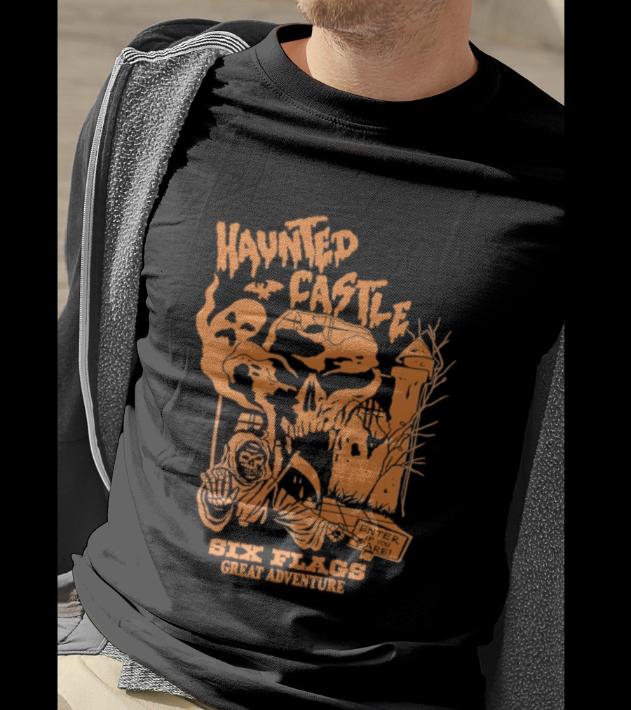 Six Flags Great Adventure Haunted Castle Enter If You Dare Spooky Skeleton And Ghosts T-Shirt