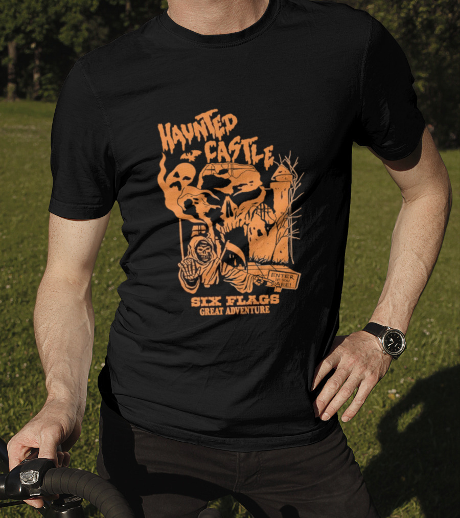 Six Flags Great Adventure Haunted Castle Enter If You Dare Spooky Skeleton And Ghosts T-Shirt