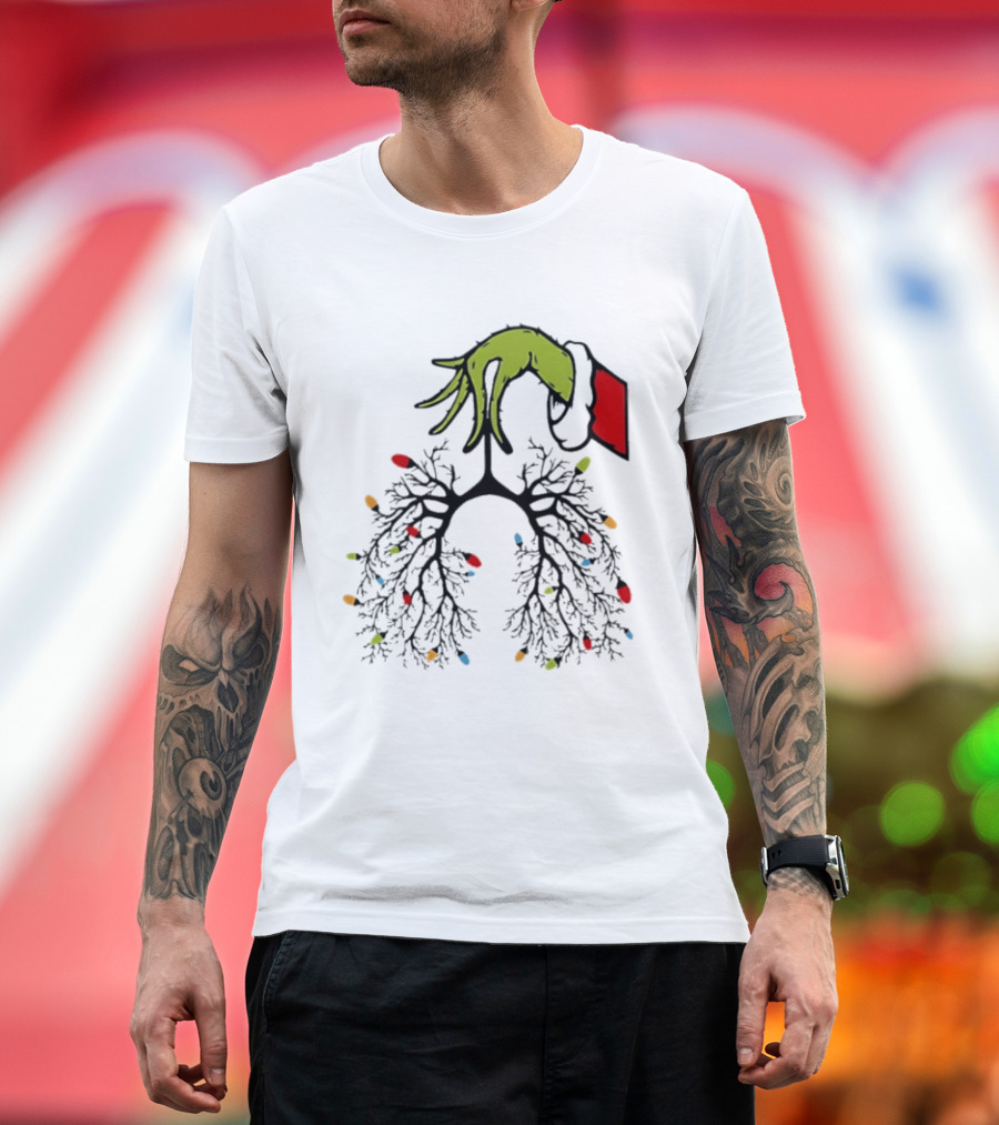 Christmas 2025 Nurse Lungs With Lights And Green Hand Santa Sleeve T-Shirt
