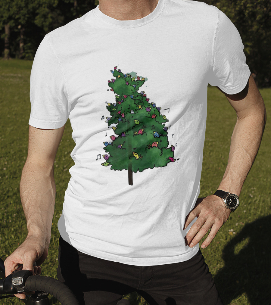 Colorful Singing Birds In Evergreen Tree With Musical Notes T-Shirt