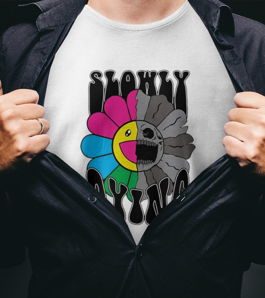 Slowly Dying Colorful Flower Skull Dark Half Happy Half Grim T-Shirt