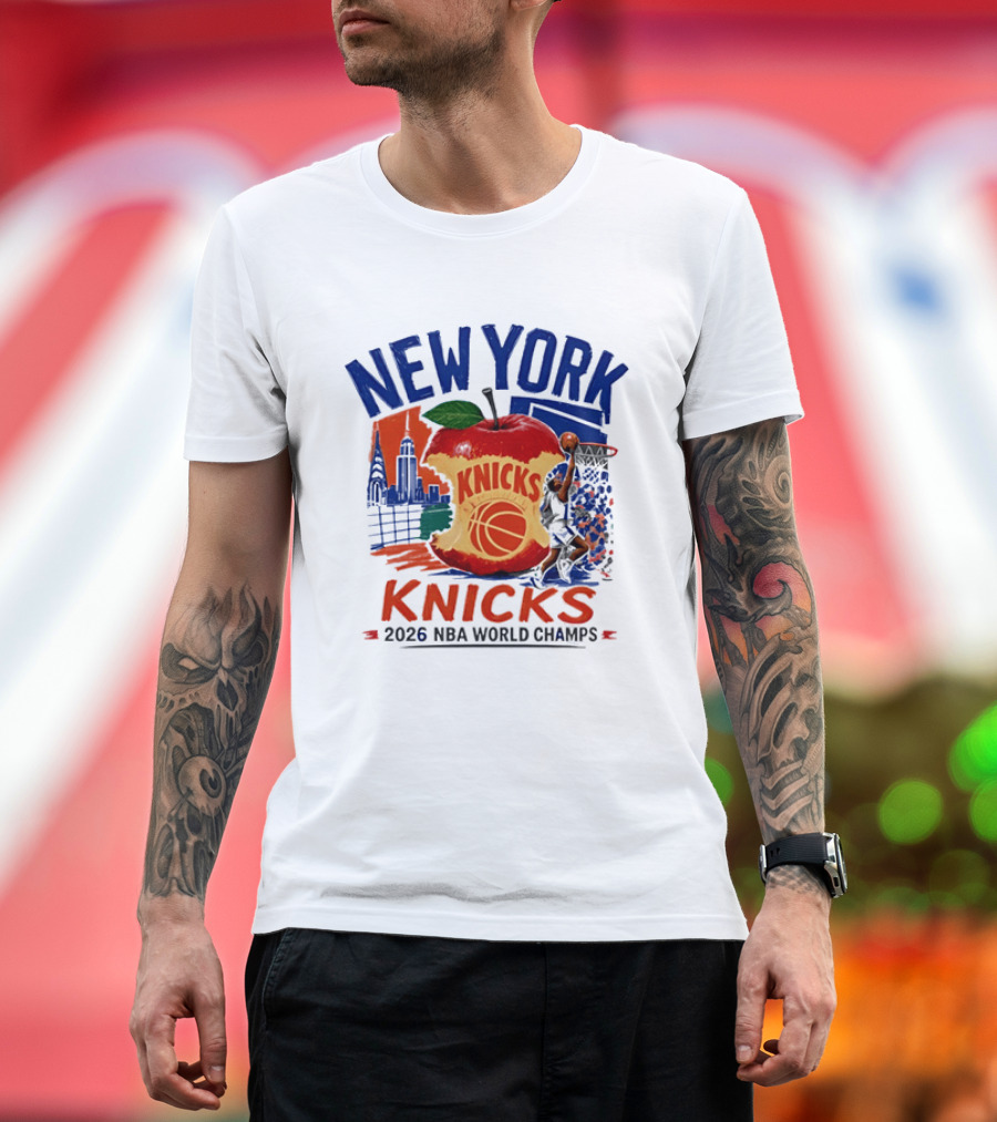 New York Knicks 2026 NBA World Champs Skyline Apple Basketball T-Shirt