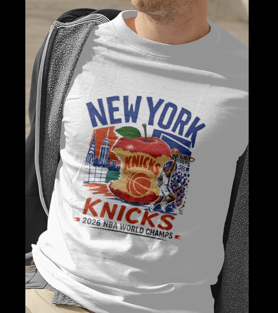 New York Knicks 2026 NBA World Champs Skyline Apple Basketball T-Shirt