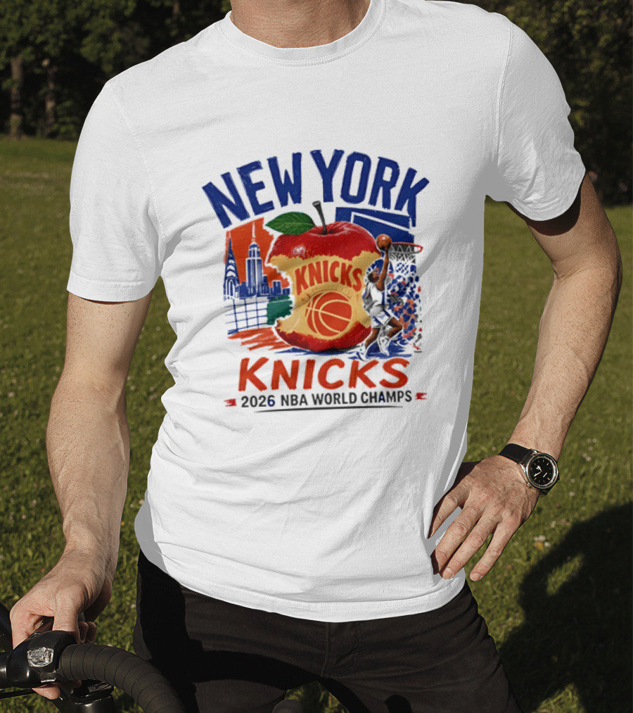 New York Knicks 2026 NBA World Champs Skyline Apple Basketball T-Shirt