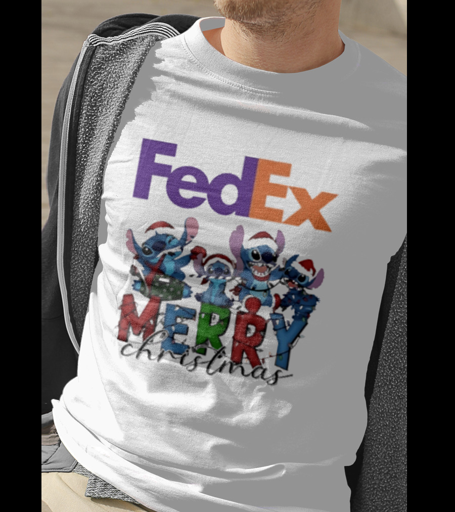 FedEx Stitch Merry Christmas 2025 Characters In Santa Hats T-Shirt
