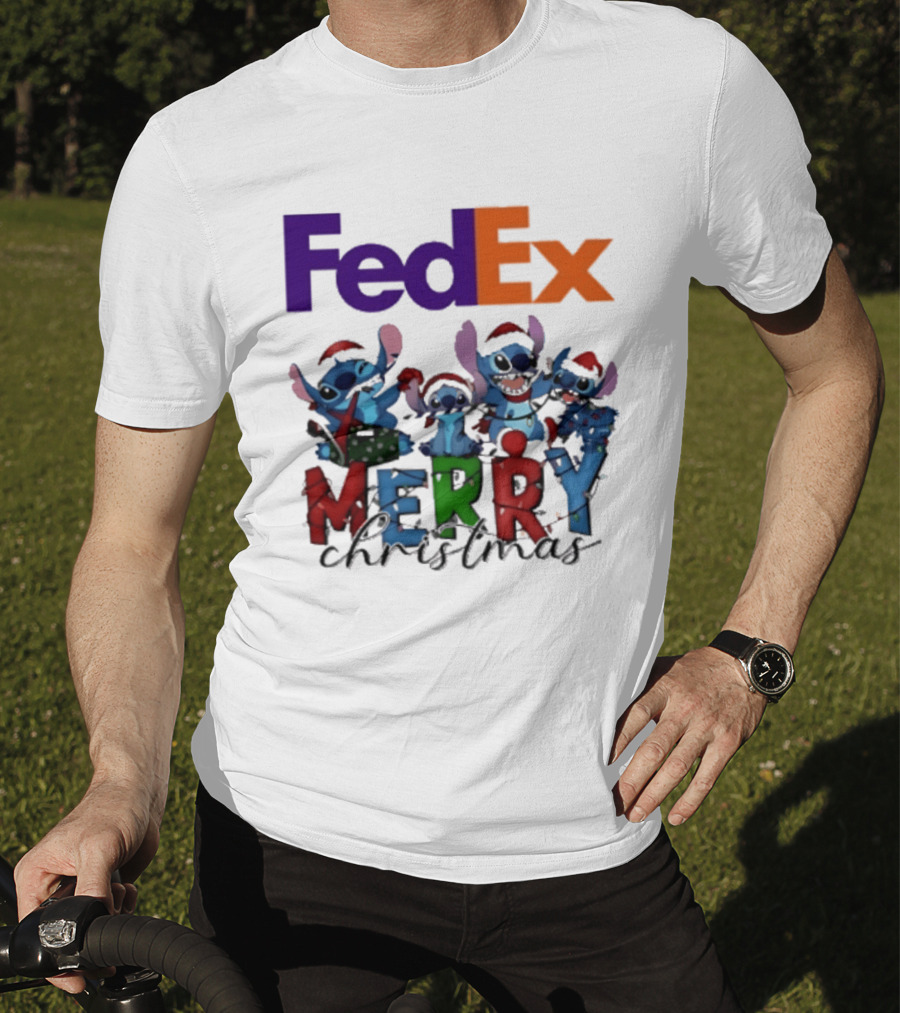 FedEx Stitch Merry Christmas 2025 Characters In Santa Hats T-Shirt