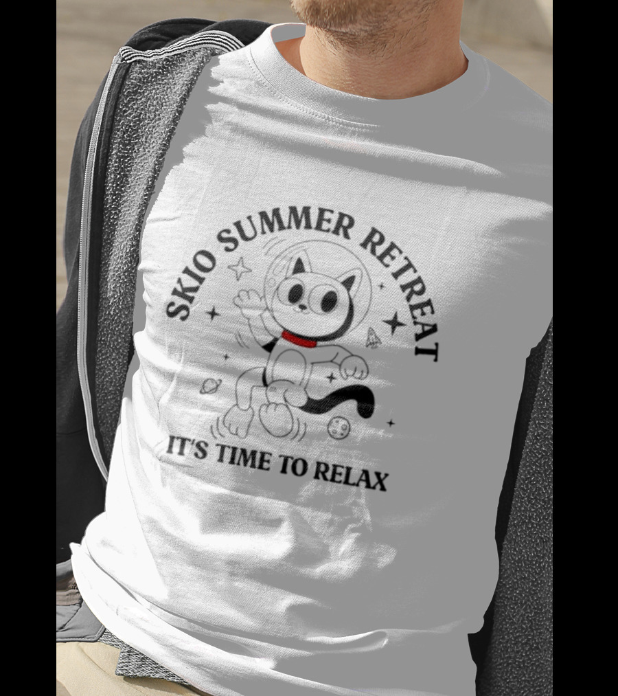 Skio Summer Retreat It's Time To Relax Cat Astronaut Adventure T-Shirt