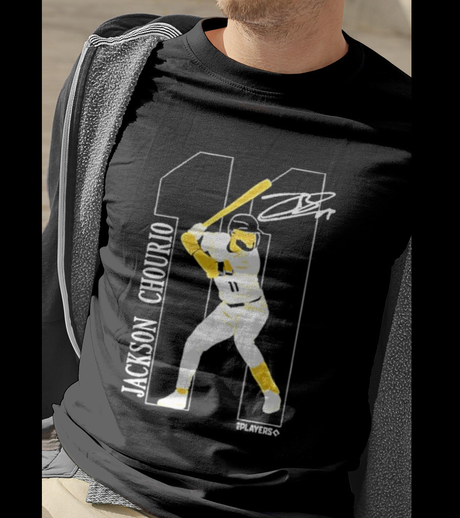 Jackson Chourio Brewers 11 Batting Pose Signature T-Shirt