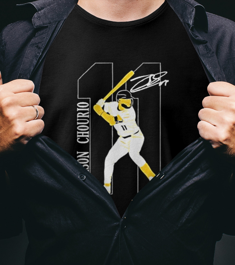 Jackson Chourio Brewers 11 Batting Pose Signature T-Shirt