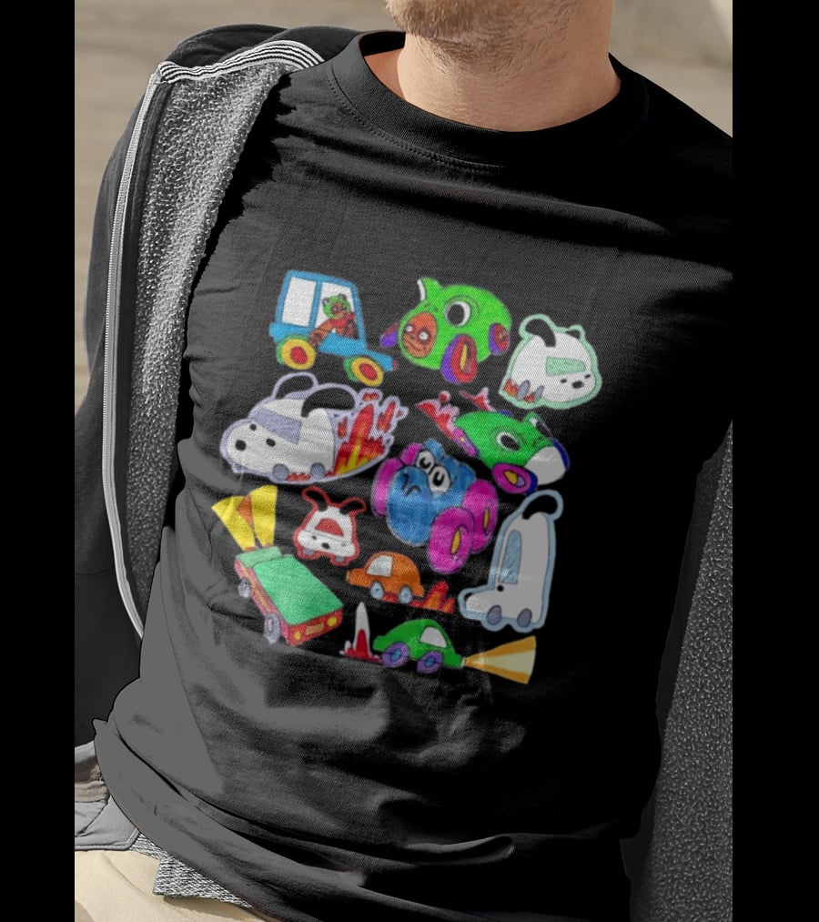 Colorful Cartoon Animal Toy Cars With Rocket Exhaust And Flames Racing Sketch T-Shirt