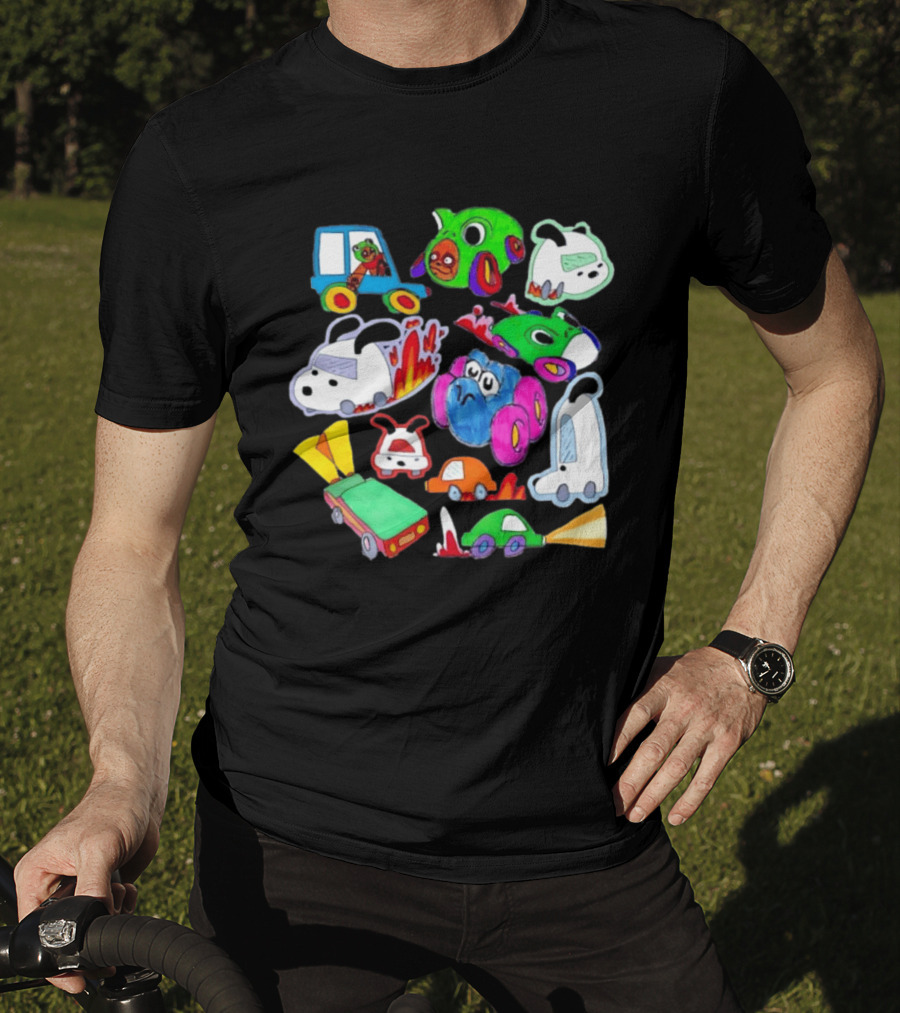 Colorful Cartoon Animal Toy Cars With Rocket Exhaust And Flames Racing Sketch T-Shirt