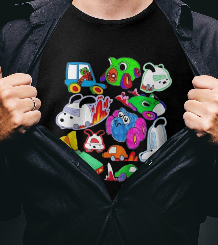 Colorful Cartoon Animal Toy Cars With Rocket Exhaust And Flames Racing Sketch T-Shirt