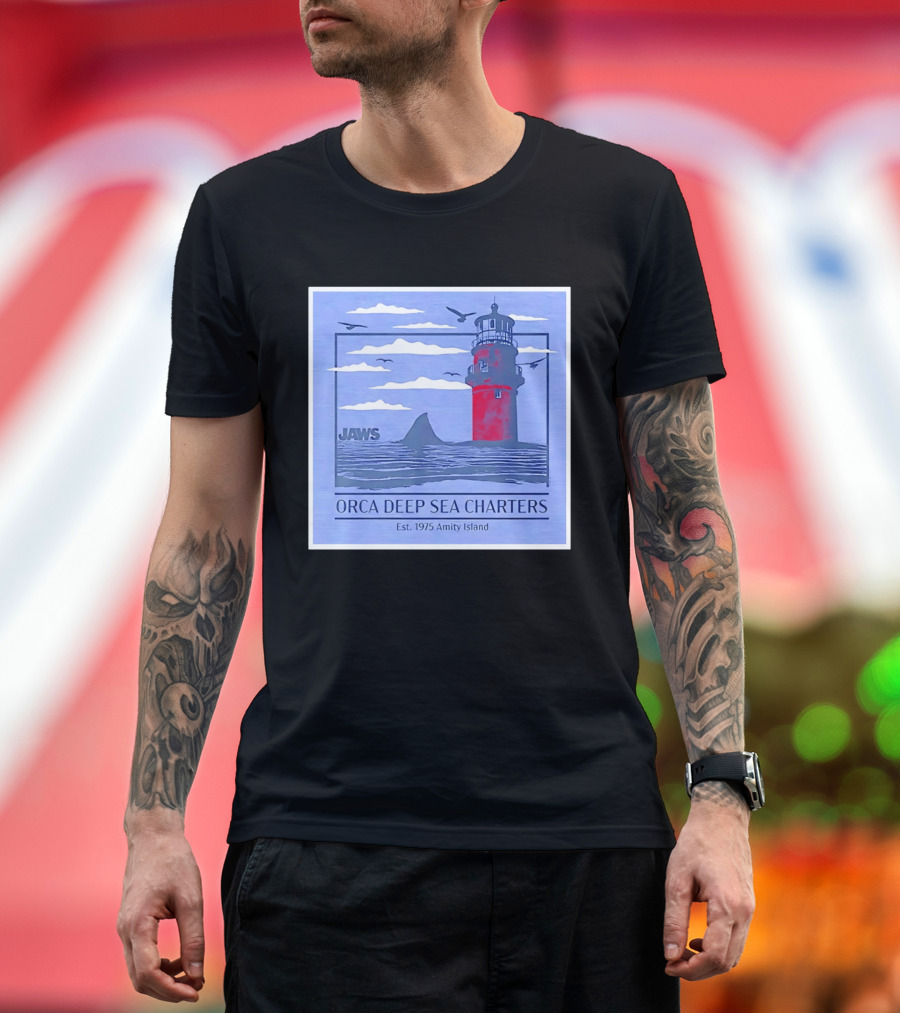 Jaws Orca Deep Sea Charters 1975 Amity Island Lighthouse Ocean Adventure T-Shirt
