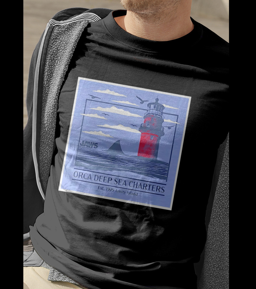 Jaws Orca Deep Sea Charters 1975 Amity Island Lighthouse Ocean Adventure T-Shirt