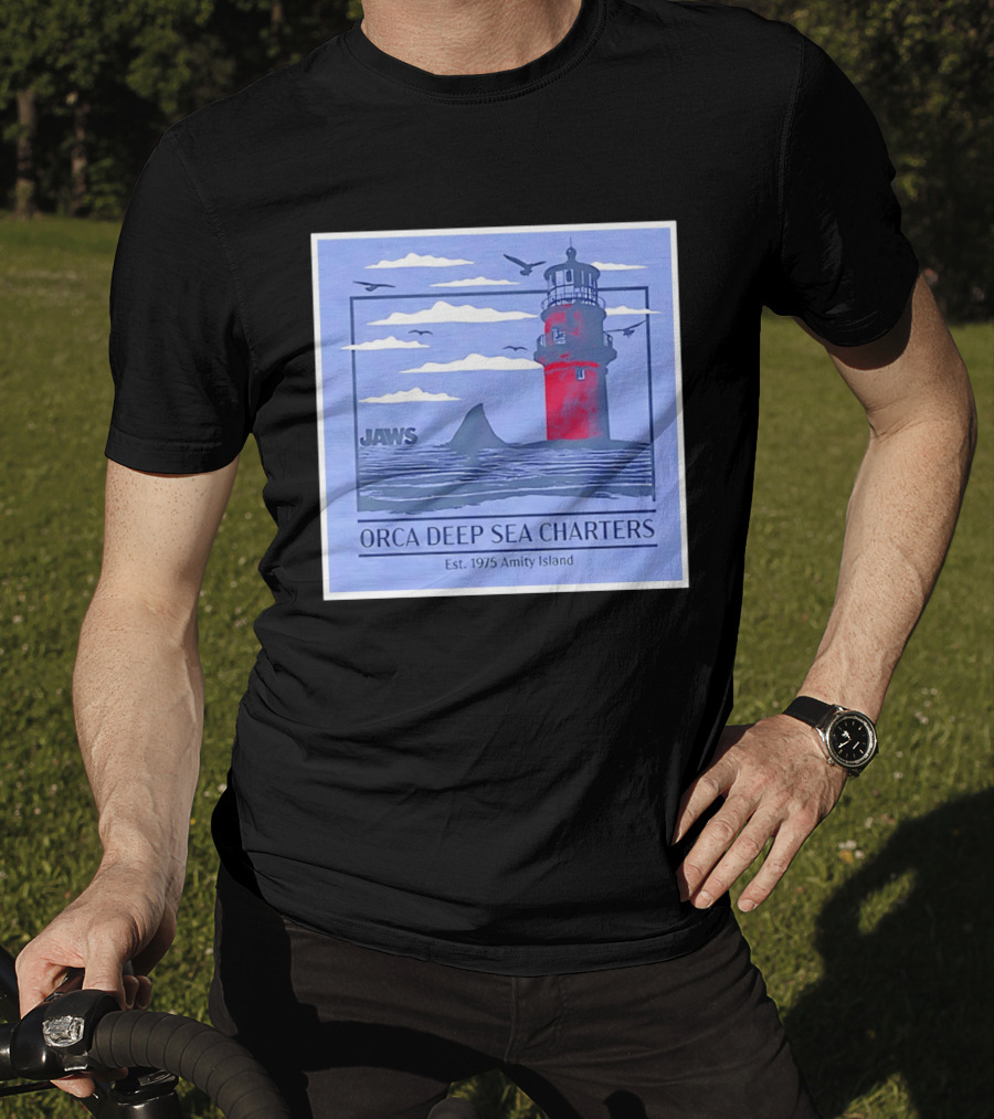 Jaws Orca Deep Sea Charters 1975 Amity Island Lighthouse Ocean Adventure T-Shirt