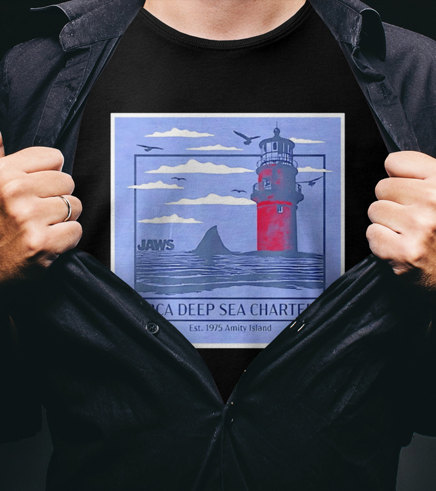 Jaws Orca Deep Sea Charters 1975 Amity Island Lighthouse Ocean Adventure T-Shirt