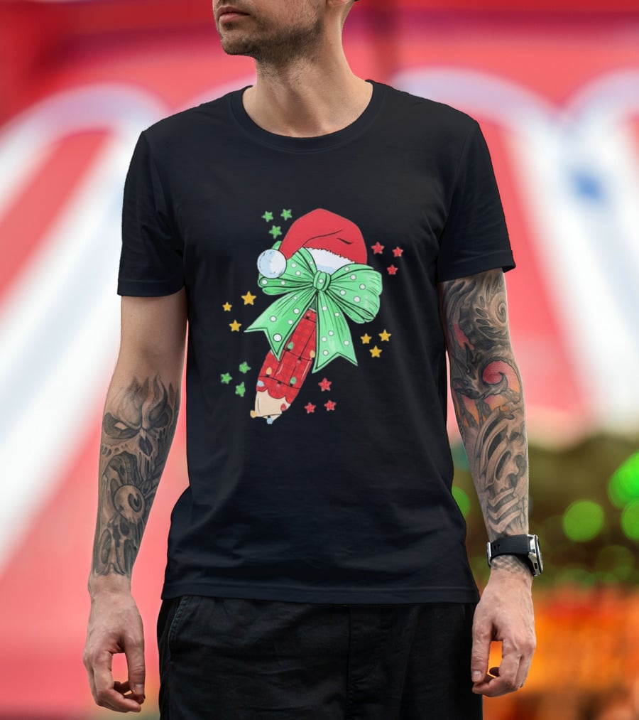 Christmas Elf Pen Candy Cane With Green Bow And Santa Hat T-Shirt