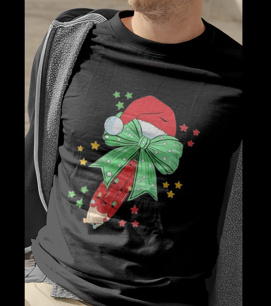 Christmas Elf Pen Candy Cane With Green Bow And Santa Hat T-Shirt