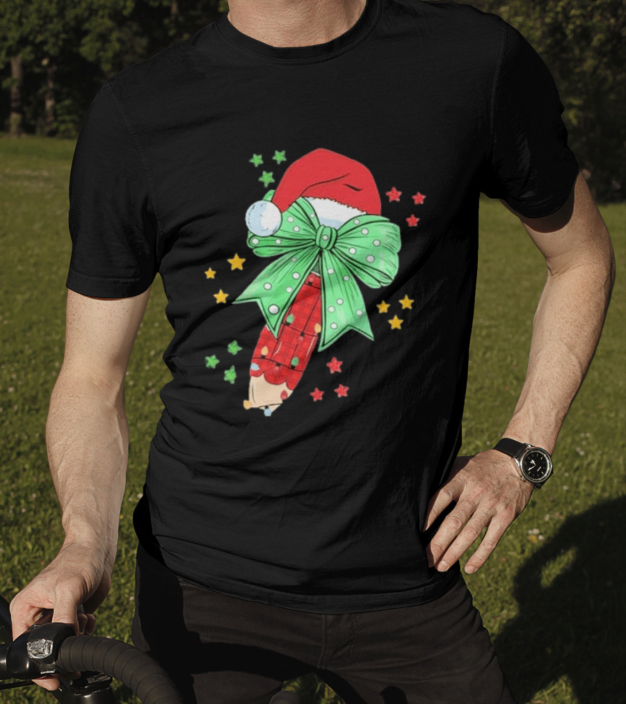 Christmas Elf Pen Candy Cane With Green Bow And Santa Hat T-Shirt
