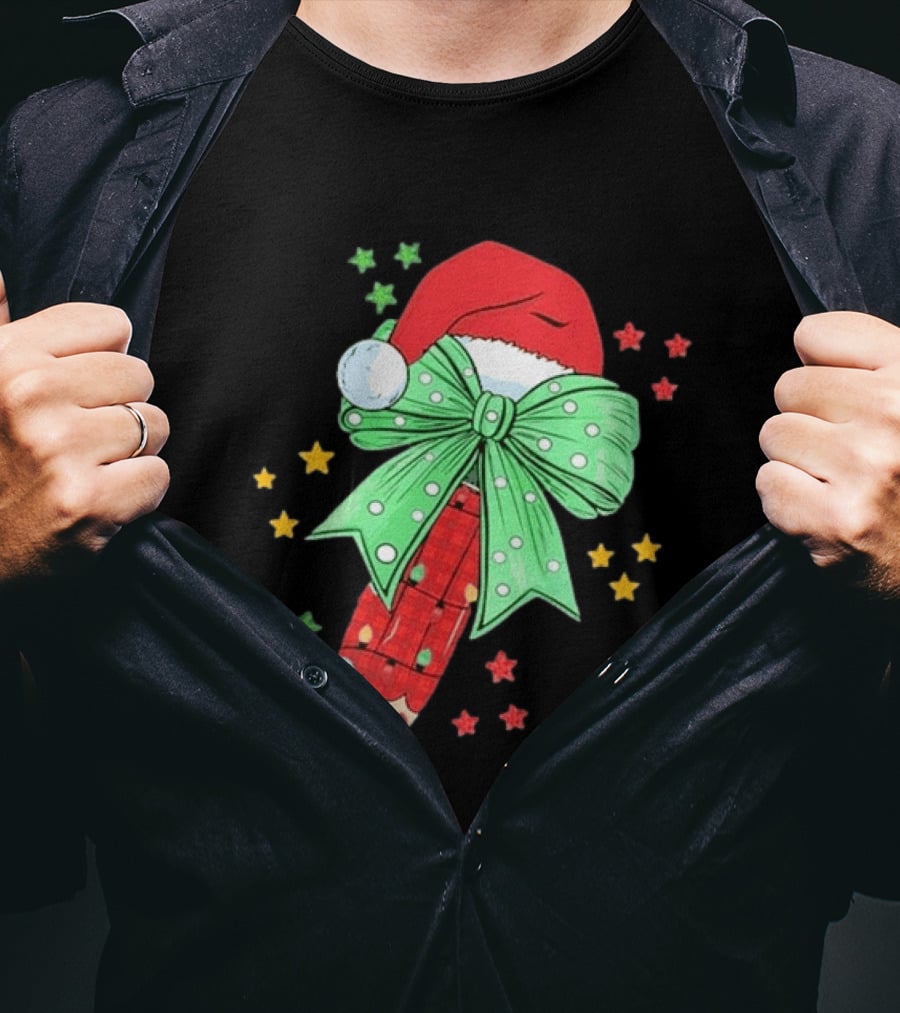 Christmas Elf Pen Candy Cane With Green Bow And Santa Hat T-Shirt