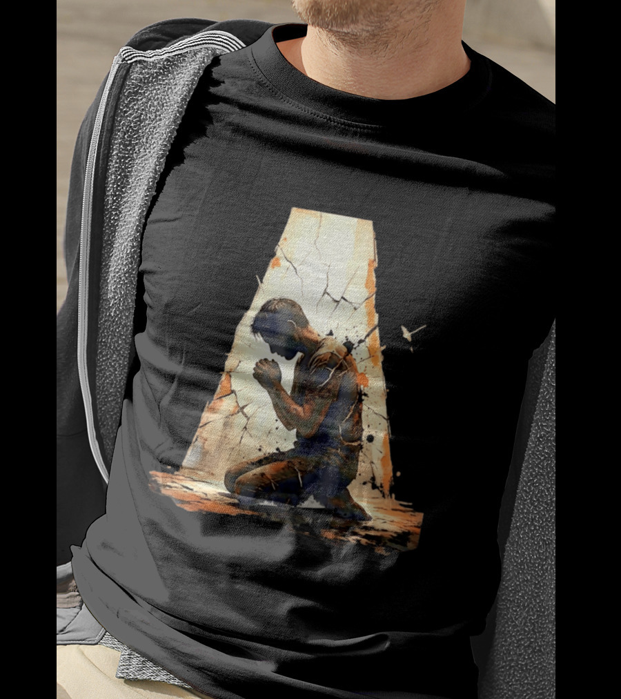 Man Kneeling In Prayer Spiritual Faith Devotion Cracked Wall And Light T-Shirt