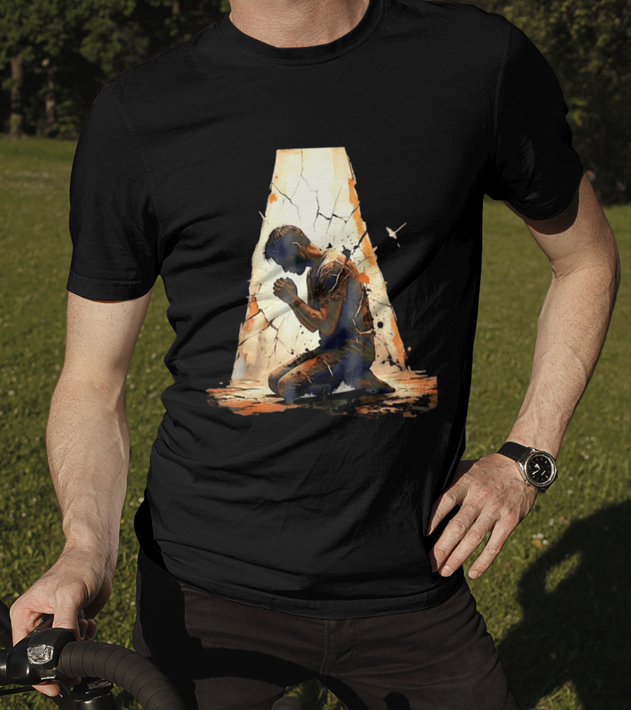 Man Kneeling In Prayer Spiritual Faith Devotion Cracked Wall And Light T-Shirt