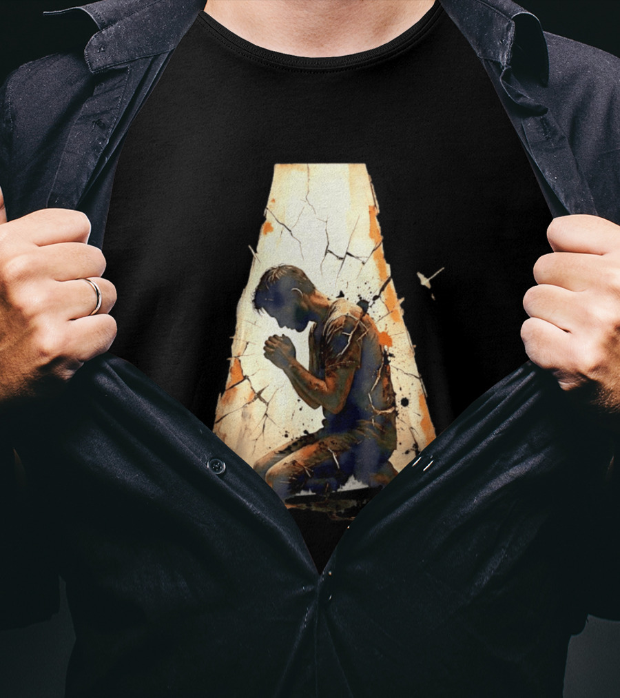 Man Kneeling In Prayer Spiritual Faith Devotion Cracked Wall And Light T-Shirt