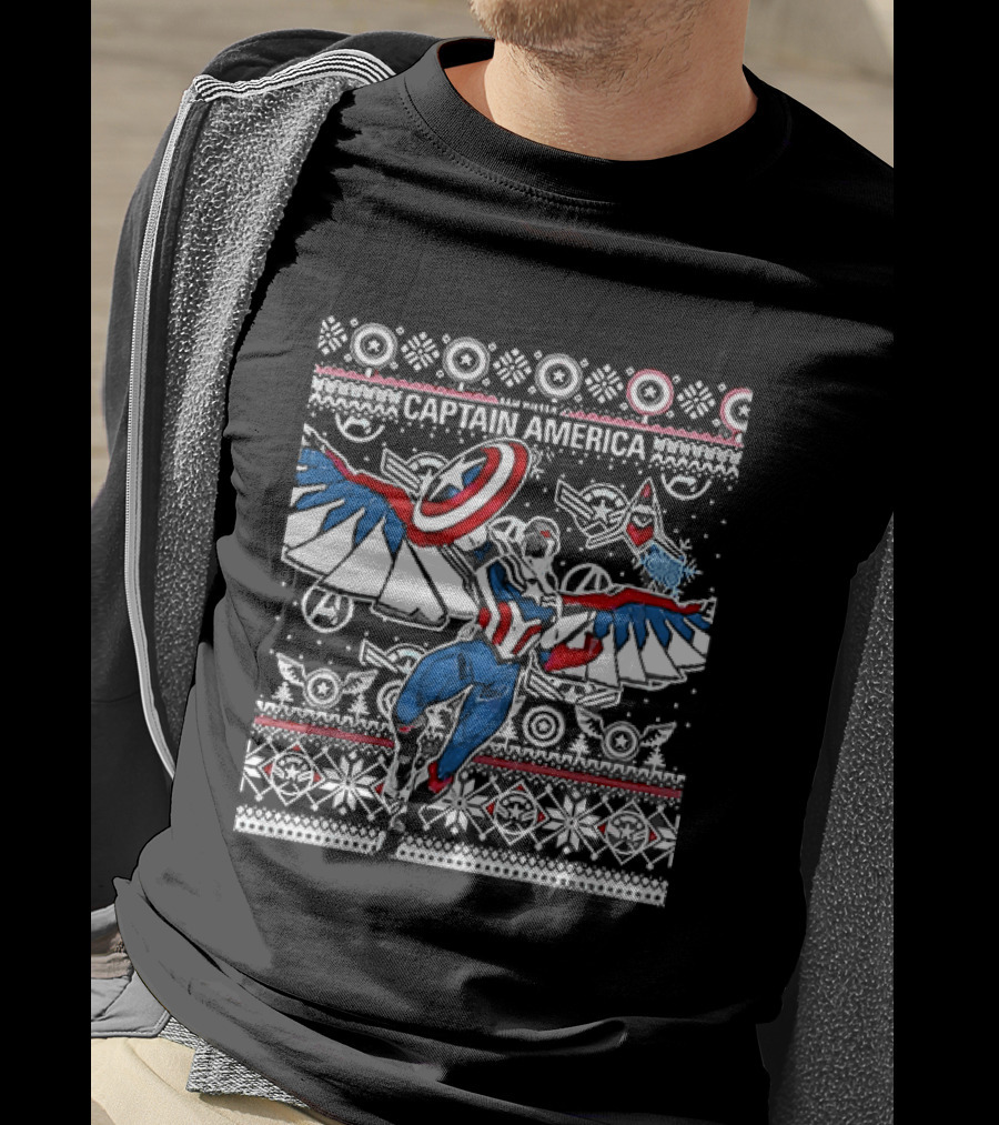Marvel Captain America Sam Wilson Christmas Sweater Style Festive Holiday T-Shirt