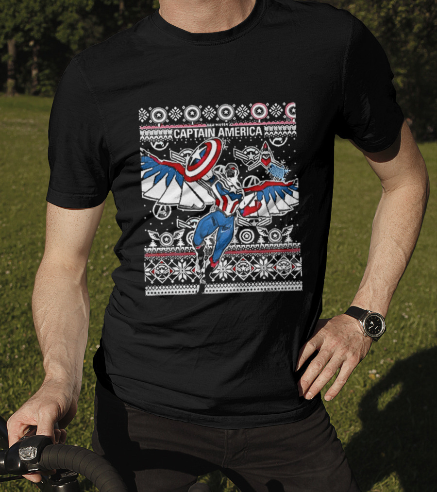 Marvel Captain America Sam Wilson Christmas Sweater Style Festive Holiday T-Shirt