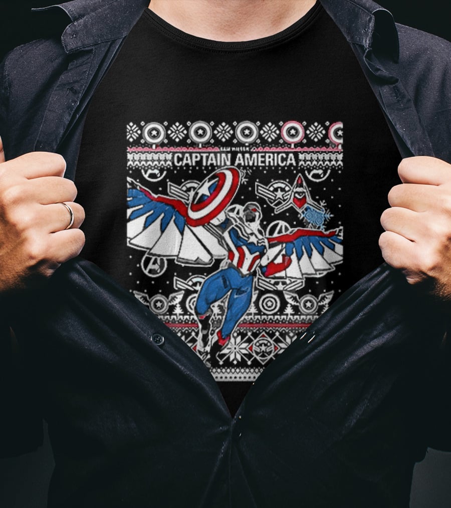 Marvel Captain America Sam Wilson Christmas Sweater Style Festive Holiday T-Shirt