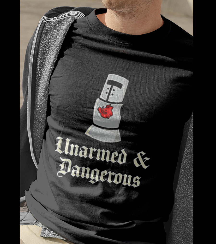 Unarmed And Dangerous Classic Medieval Helmet With Red Mark T-Shirt