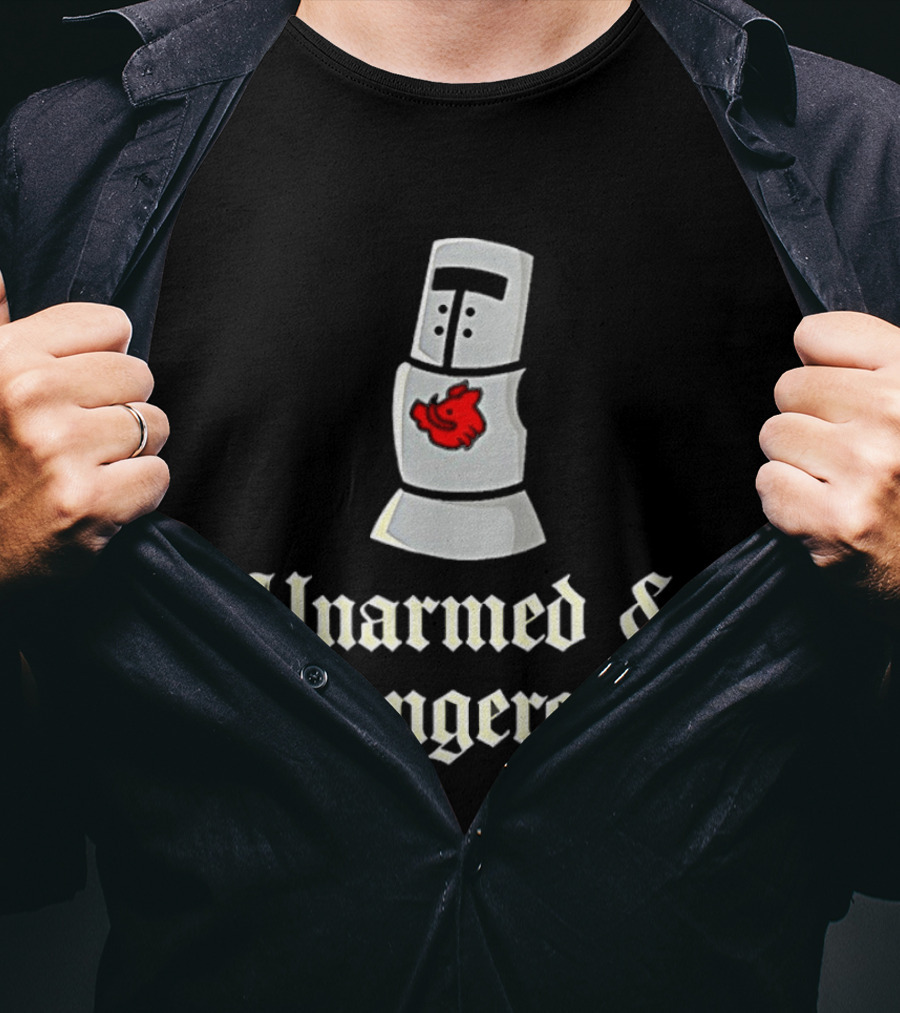 Unarmed And Dangerous Classic Medieval Helmet With Red Mark T-Shirt