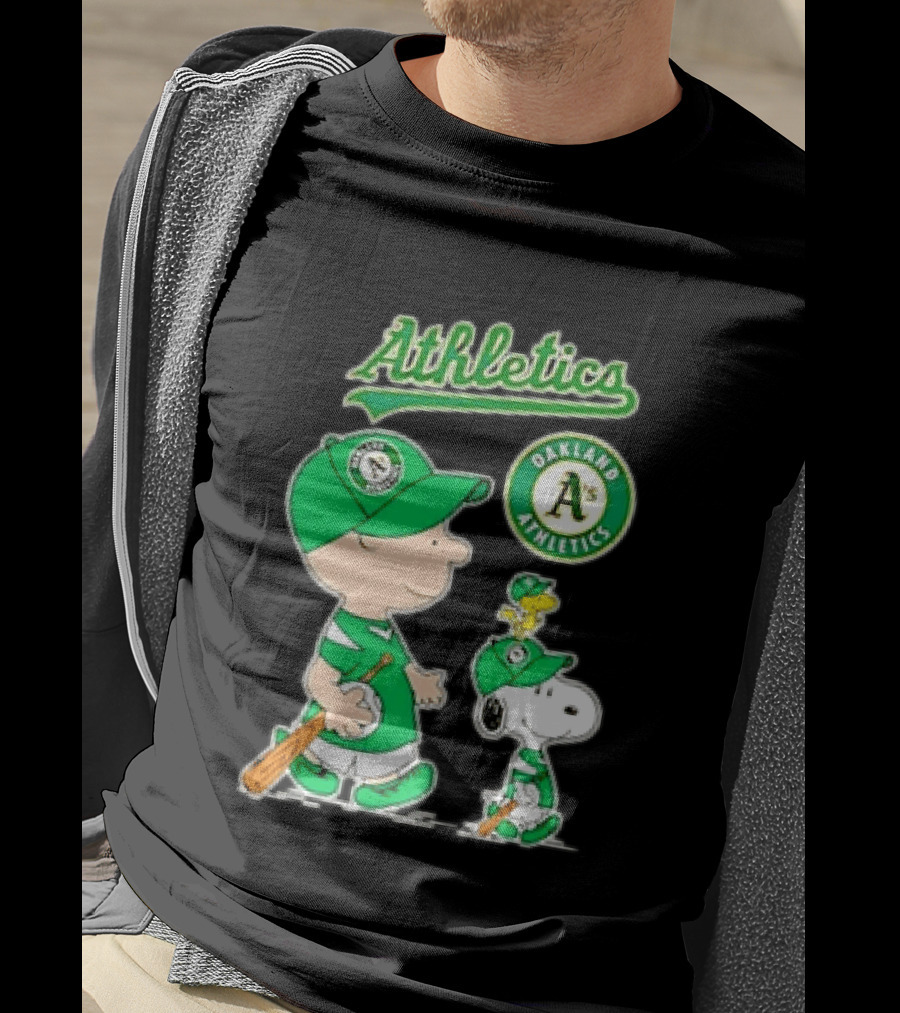 Oakland Athletics MLB Charlie Brown Snoopy Woodstock Baseball Peanuts Characters T-Shirt