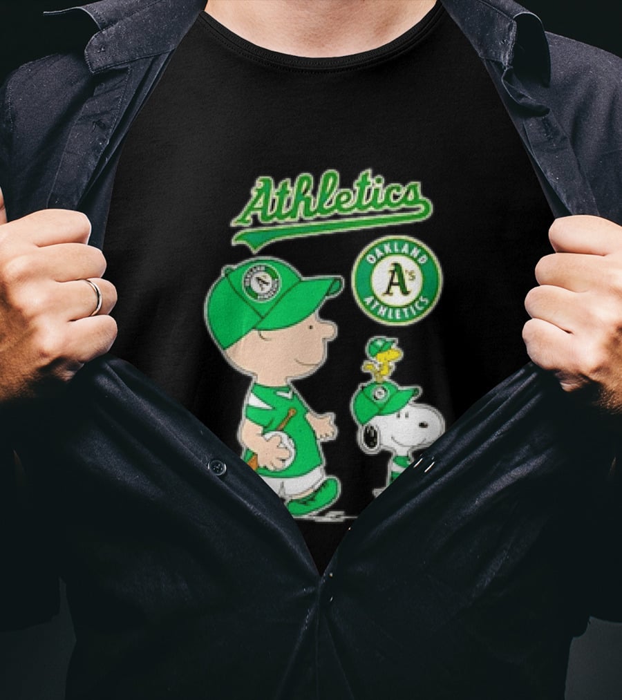 Oakland Athletics MLB Charlie Brown Snoopy Woodstock Baseball Peanuts Characters T-Shirt