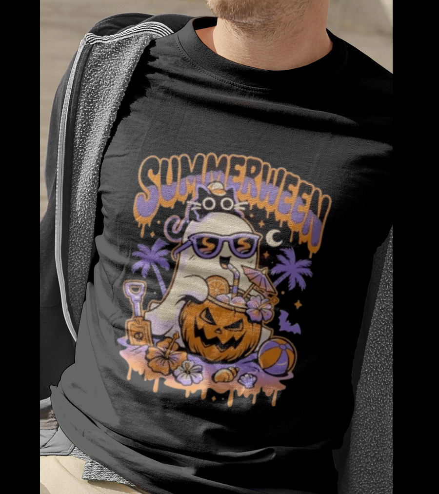 Summerween Cartoon Ghost Sunglasses Drinking Pumpkin Beach Vibes T-Shirt