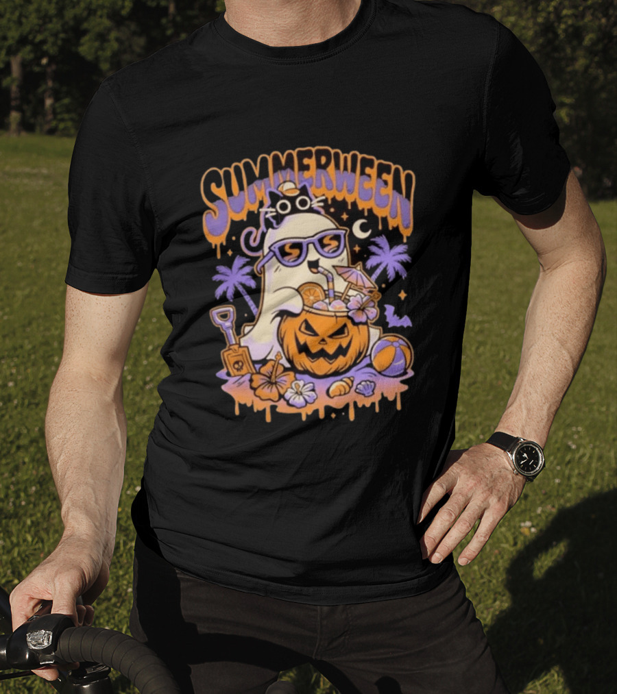 Summerween Cartoon Ghost Sunglasses Drinking Pumpkin Beach Vibes T-Shirt