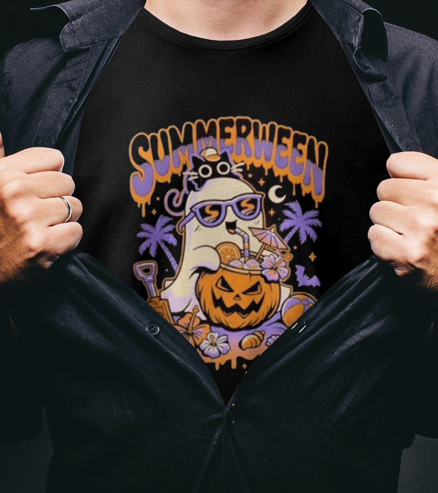Summerween Cartoon Ghost Sunglasses Drinking Pumpkin Beach Vibes T-Shirt